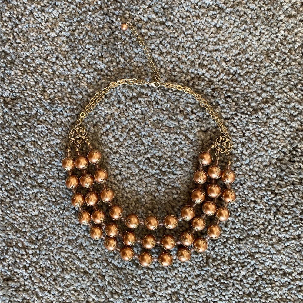 Multi-Strand Bronze Faux Pearl Necklace with Filigree Metal Accents